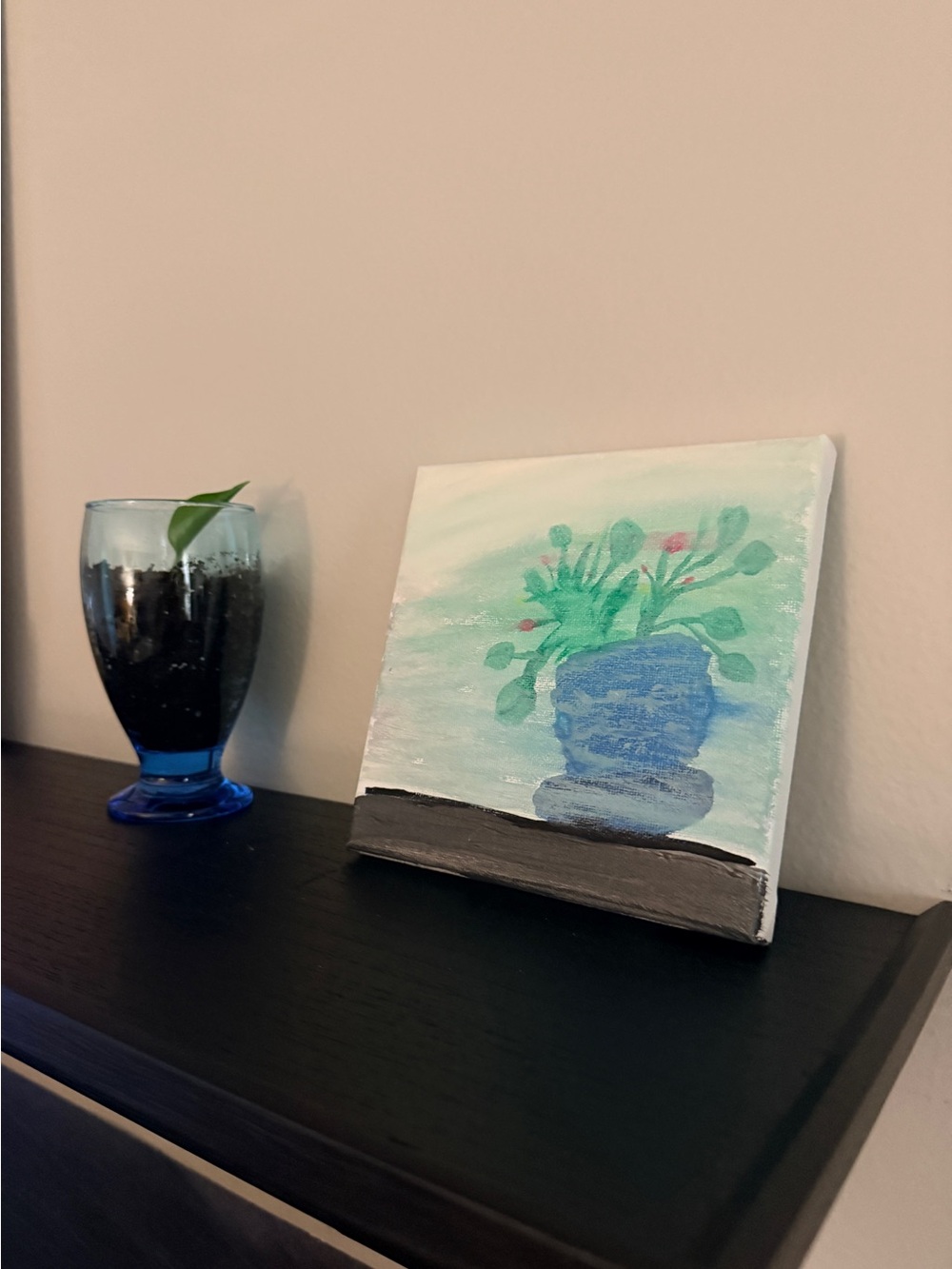 Handcrafted Blue and Green Acrylic Potted Plant Canvas Wall Art